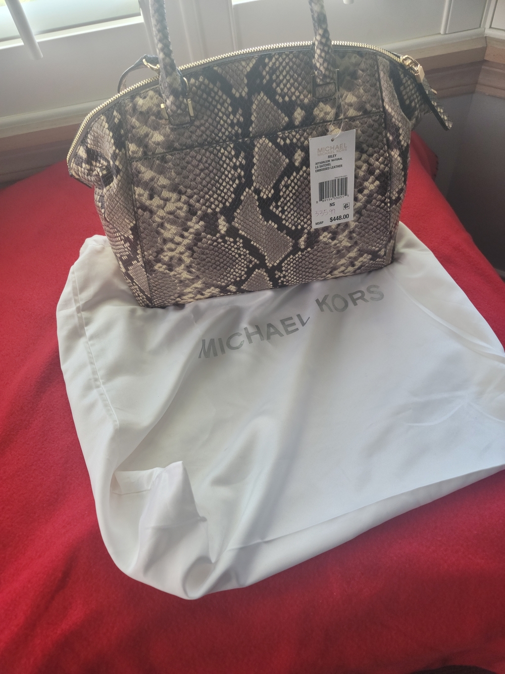 Michael Kors Riley Python Dome Satchel in Beige and Brown NWT